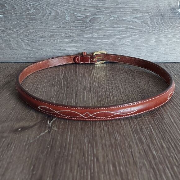 Vintage Tory Skinny English Bridle Leather Western Belt 30 Brass Buckle - Picture 2 of 6
